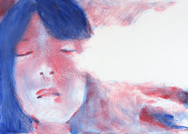 4517_179120170359_860100359_6793985_4103768_n Monotype print in blues and pinks of a woman's head to the left with a bright light emitting from it.