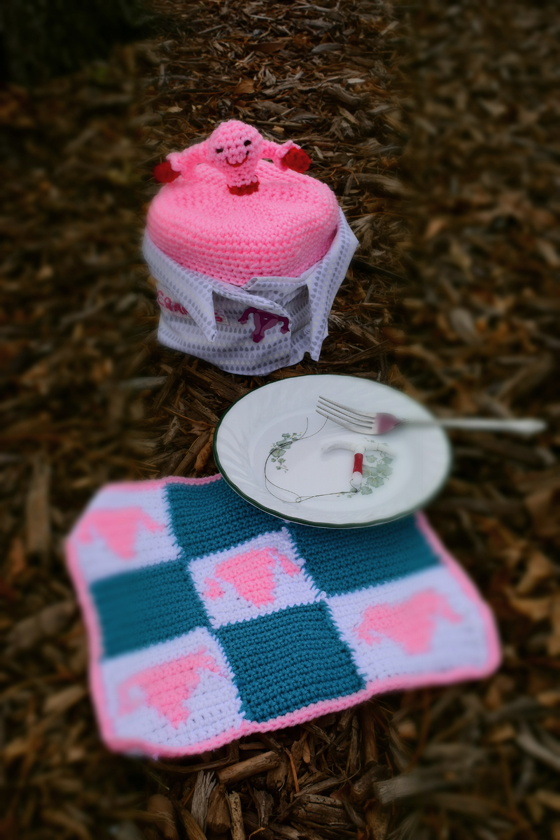DSC_0166 A uterus in a Tupperware wearing a jacket and a beanie hat where the beanie is a crocheted uterus sits with a plate and a crocheted uterus patterned blanket in front of them. On the plate is a ceramic IUD.