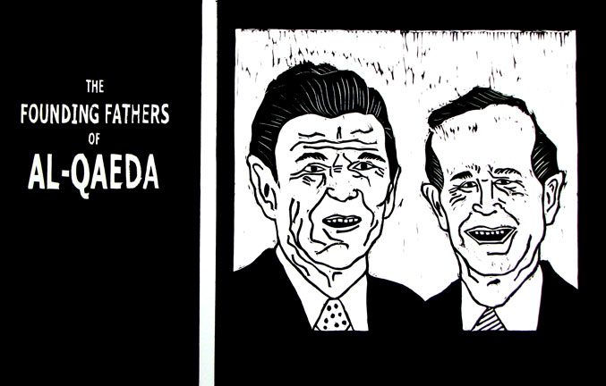 al_qaeda Image is a woodblock poster that says The founding fathers of Al-Qaeda and has illustrations of Reagan and Bush Sr.