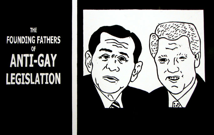 antigay Image is a woodblock poster that says the founding fathers of anti-gay legislation. It has illustrations of Bush Jr. and Clinton.