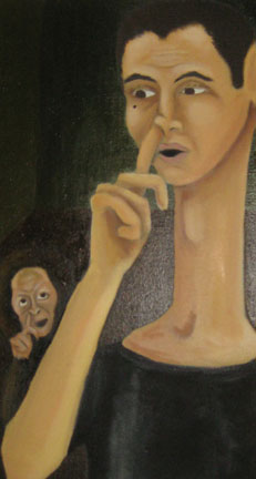 dana Portrait of Dana Talbot-Heindl picking his nose. Over his shoulder is a monkey doing the same.