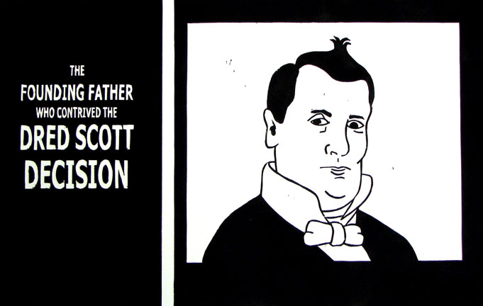 dred_scott Image is a woodblock print poster that says the founding father who contrived the Dred Scott Decision. There's an illustration of Buchanan.