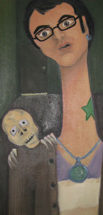 me Self portrait with a skeleton peeping over Chris's shoulder