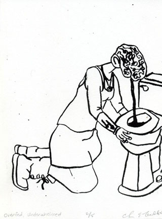 overfed_underwhelmed A print depicting Chris with an exposed brain for a head, puking in the toilet