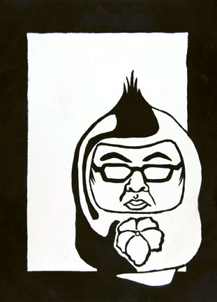 self_portrait_as_a_japanese_wish_head A print of a Daruma doll with Chris's facial characteristics and their Japanese family seal.